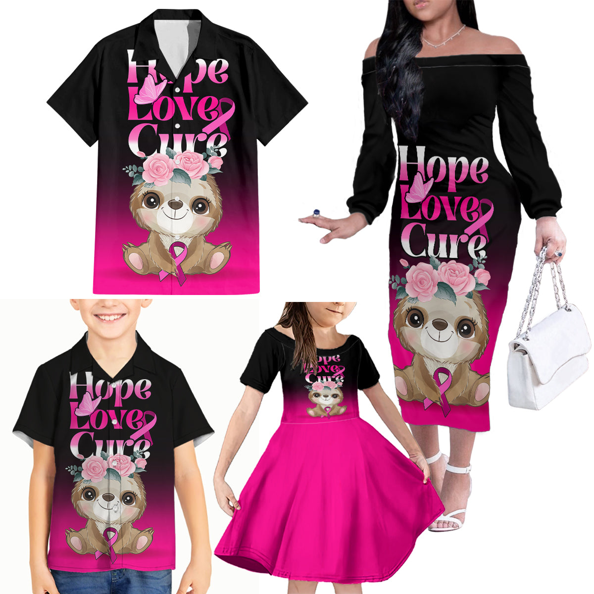 Personalised Hope Love Cure Family Matching Off Shoulder Long Sleeve Dress and Hawaiian Shirt Sloth Breast Cancer Awareness - Wonder Print Shop