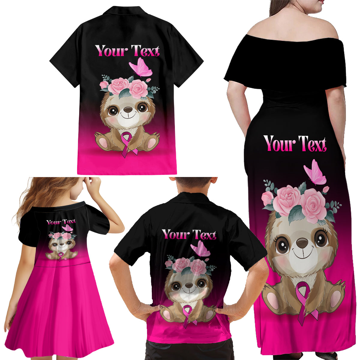 Personalised Hope Love Cure Family Matching Off Shoulder Long Sleeve Dress and Hawaiian Shirt Sloth Breast Cancer Awareness - Wonder Print Shop