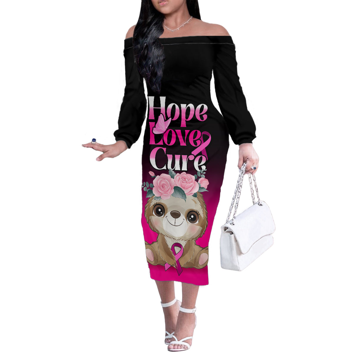 Personalised Hope Love Cure Family Matching Off Shoulder Long Sleeve Dress and Hawaiian Shirt Sloth Breast Cancer Awareness - Wonder Print Shop