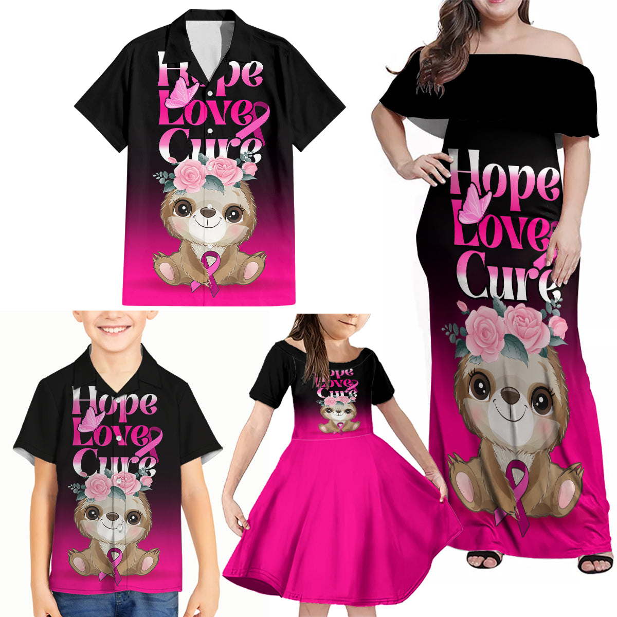 Personalised Hope Love Cure Family Matching Off Shoulder Maxi Dress and Hawaiian Shirt Sloth Breast Cancer Awareness - Wonder Print Shop