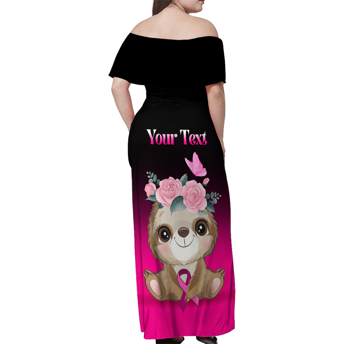 Personalised Hope Love Cure Family Matching Off Shoulder Maxi Dress and Hawaiian Shirt Sloth Breast Cancer Awareness - Wonder Print Shop