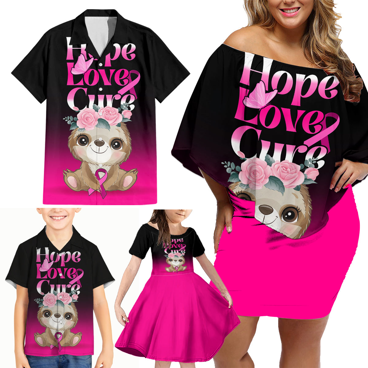 Personalised Hope Love Cure Family Matching Off Shoulder Short Dress and Hawaiian Shirt Sloth Breast Cancer Awareness - Wonder Print Shop