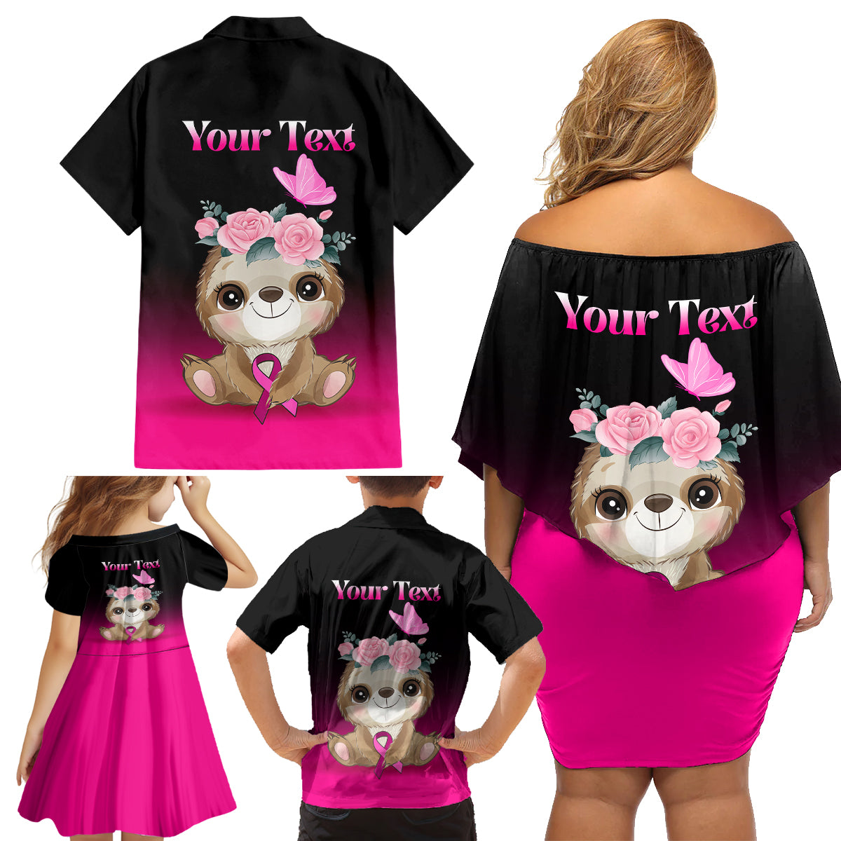 Personalised Hope Love Cure Family Matching Off Shoulder Short Dress and Hawaiian Shirt Sloth Breast Cancer Awareness - Wonder Print Shop