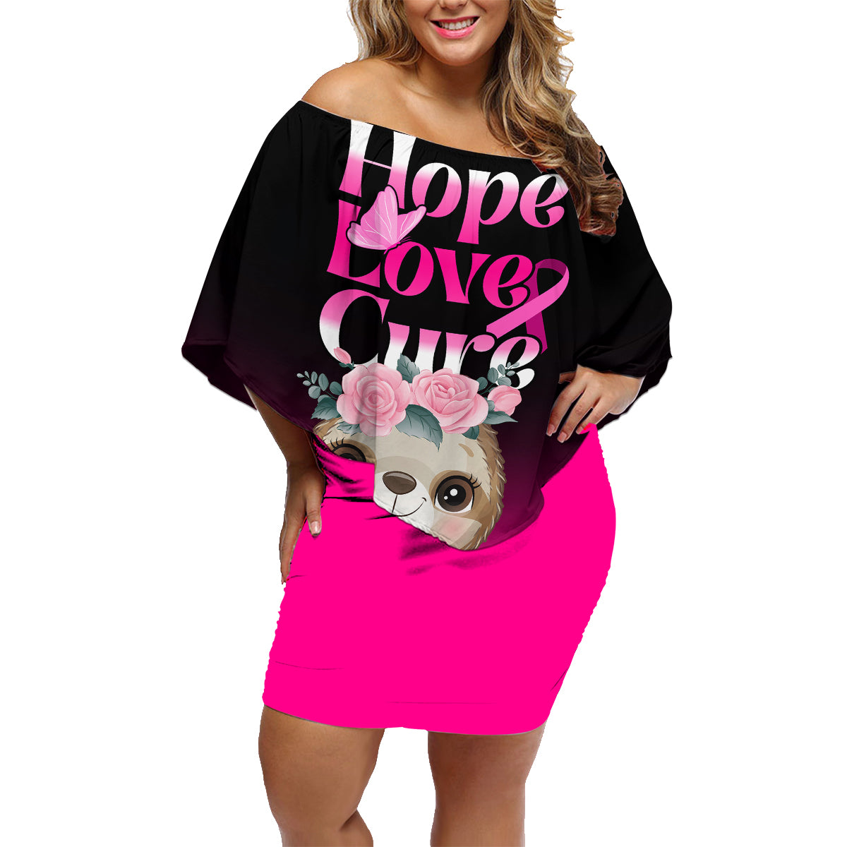 Personalised Hope Love Cure Family Matching Off Shoulder Short Dress and Hawaiian Shirt Sloth Breast Cancer Awareness - Wonder Print Shop