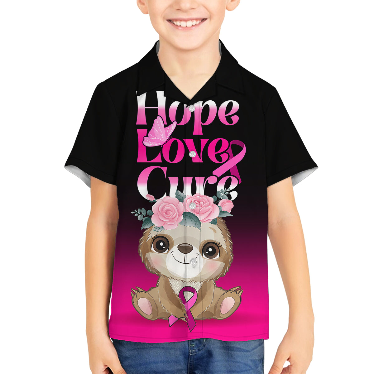 Personalised Hope Love Cure Family Matching Off Shoulder Short Dress and Hawaiian Shirt Sloth Breast Cancer Awareness - Wonder Print Shop