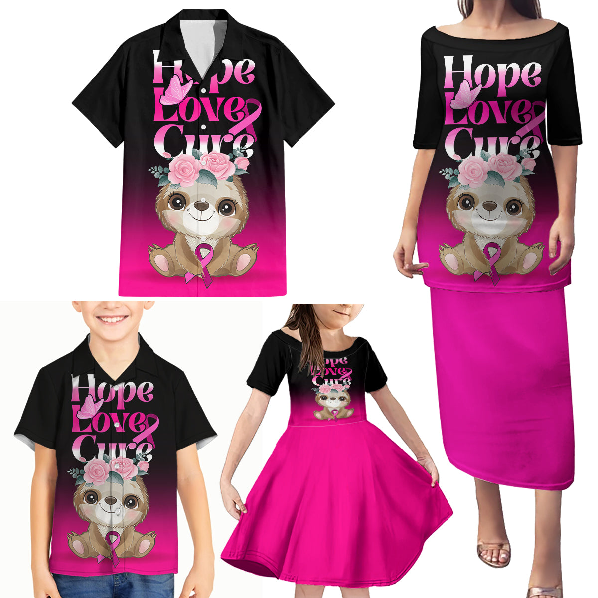 Personalised Hope Love Cure Family Matching Puletasi Dress and Hawaiian Shirt Sloth Breast Cancer Awareness - Wonder Print Shop