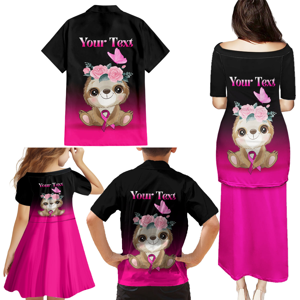 Personalised Hope Love Cure Family Matching Puletasi Dress and Hawaiian Shirt Sloth Breast Cancer Awareness - Wonder Print Shop