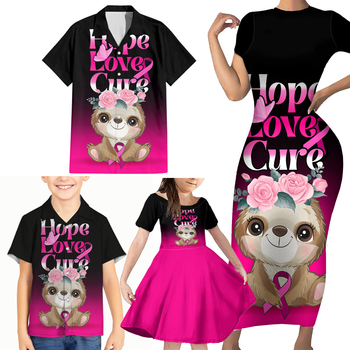 Personalised Hope Love Cure Family Matching Short Sleeve Bodycon Dress and Hawaiian Shirt Sloth Breast Cancer Awareness - Wonder Print Shop