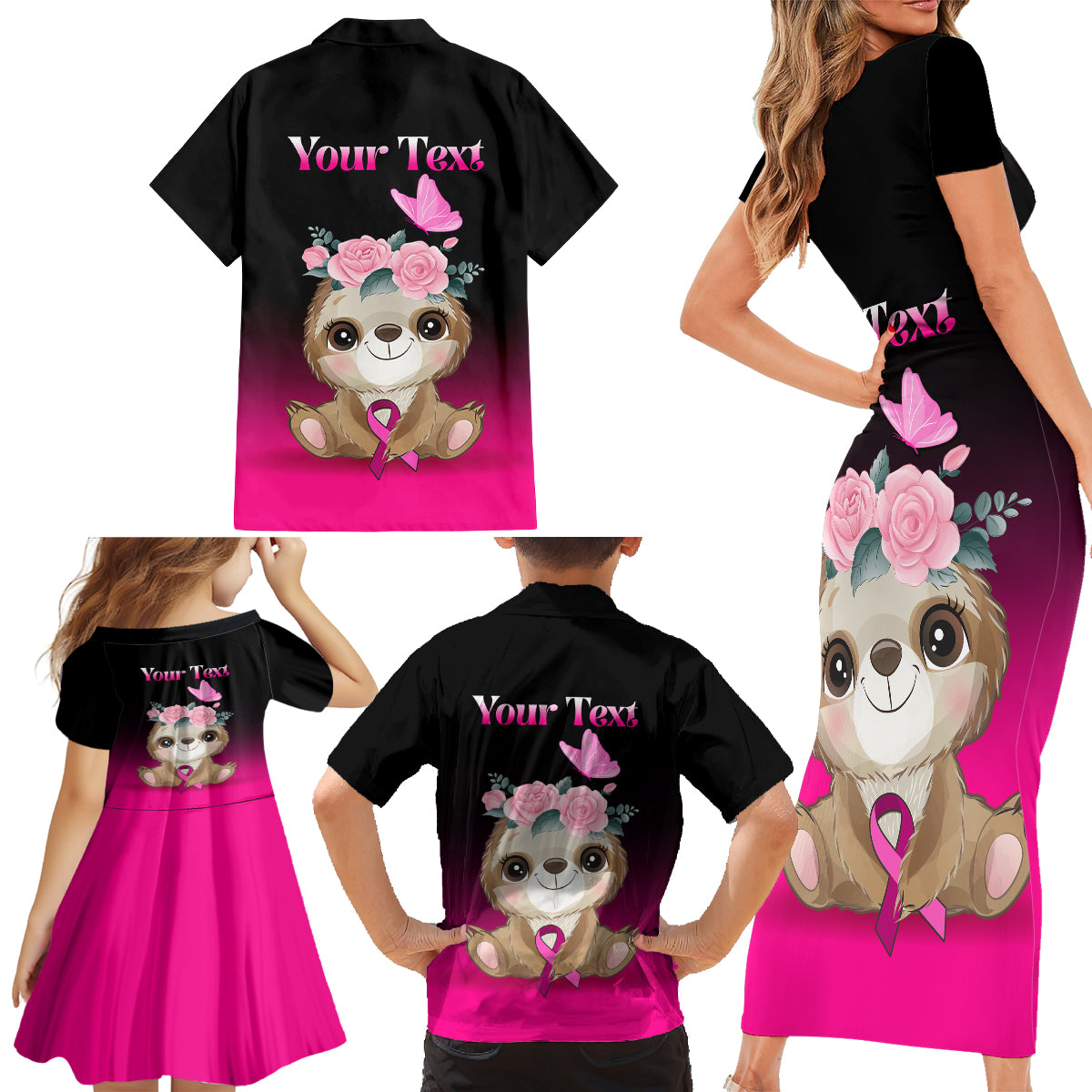 Personalised Hope Love Cure Family Matching Short Sleeve Bodycon Dress and Hawaiian Shirt Sloth Breast Cancer Awareness - Wonder Print Shop