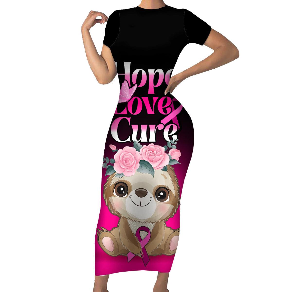Personalised Hope Love Cure Family Matching Short Sleeve Bodycon Dress and Hawaiian Shirt Sloth Breast Cancer Awareness - Wonder Print Shop