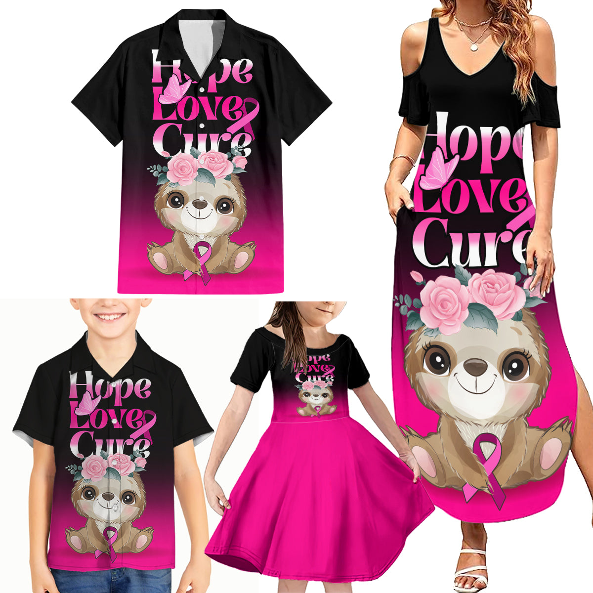 Personalised Hope Love Cure Family Matching Summer Maxi Dress and Hawaiian Shirt Sloth Breast Cancer Awareness - Wonder Print Shop
