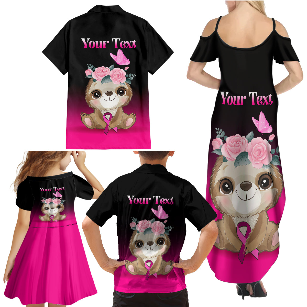 Personalised Hope Love Cure Family Matching Summer Maxi Dress and Hawaiian Shirt Sloth Breast Cancer Awareness - Wonder Print Shop