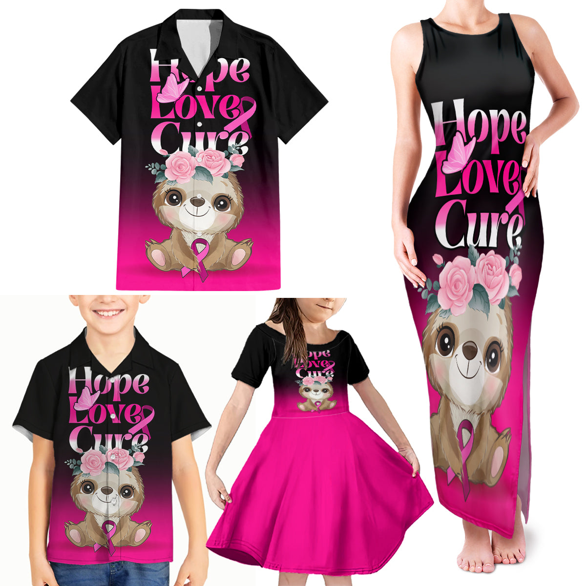 Personalised Hope Love Cure Family Matching Tank Maxi Dress and Hawaiian Shirt Sloth Breast Cancer Awareness - Wonder Print Shop