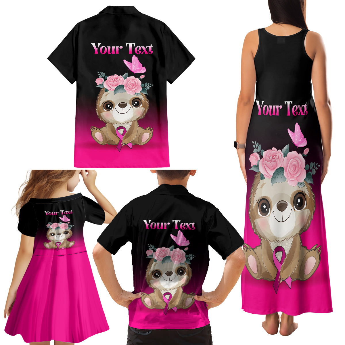 Personalised Hope Love Cure Family Matching Tank Maxi Dress and Hawaiian Shirt Sloth Breast Cancer Awareness - Wonder Print Shop