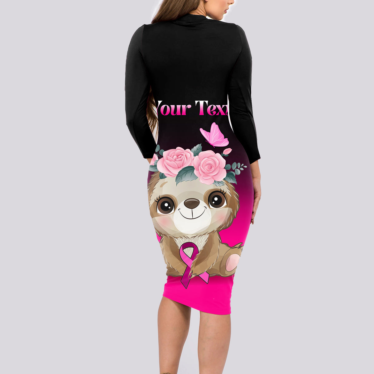 Personalised Hope Love Cure Long Sleeve Bodycon Dress Sloth Breast Cancer Awareness - Wonder Print Shop