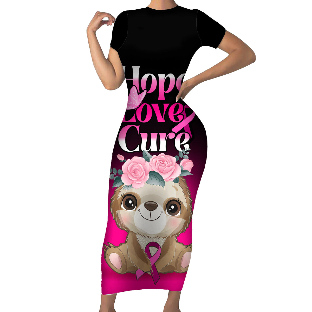 Personalised Hope Love Cure Short Sleeve Bodycon Dress Sloth Breast Cancer Awareness - Wonder Print Shop