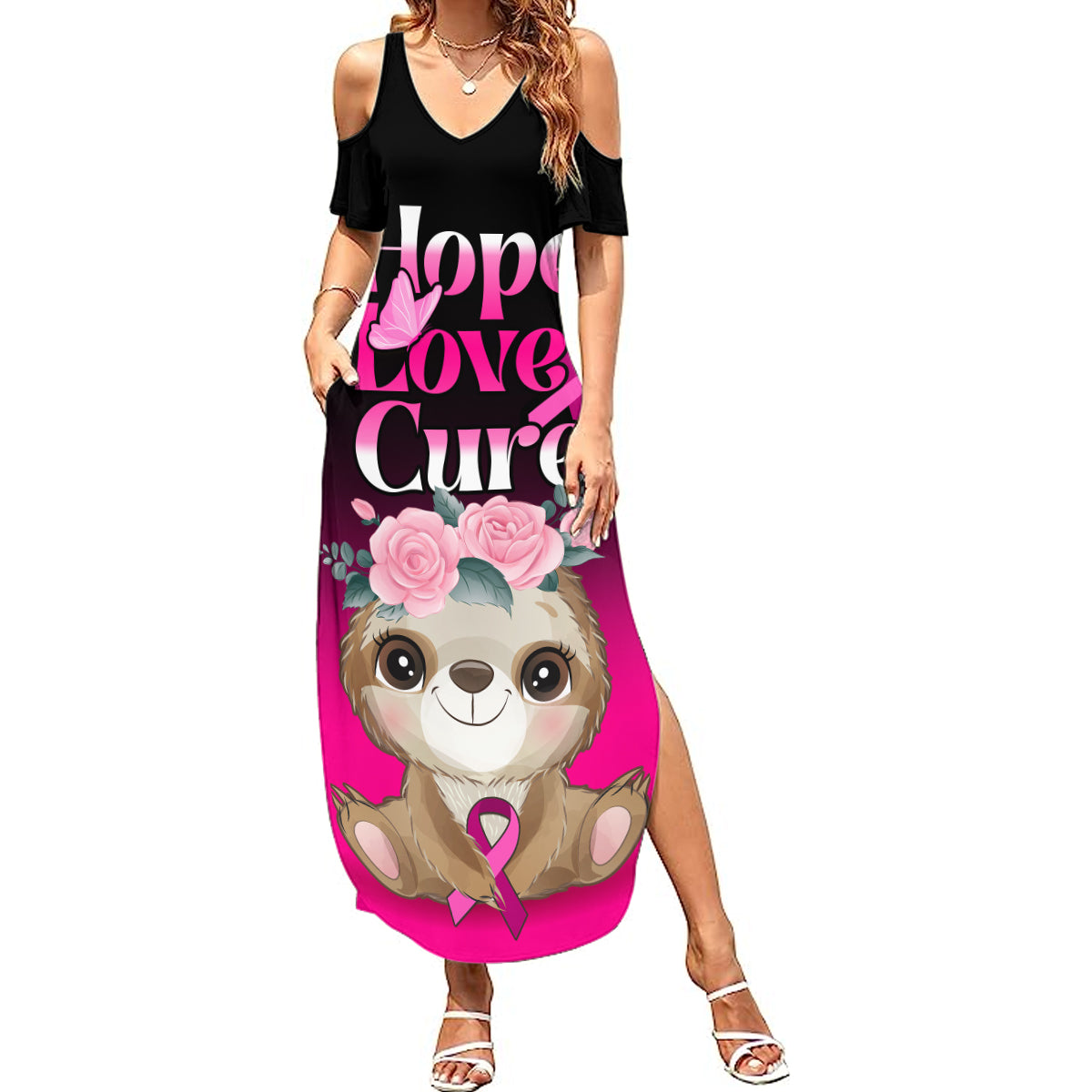 Personalised Hope Love Cure Summer Maxi Dress Sloth Breast Cancer Awareness - Wonder Print Shop
