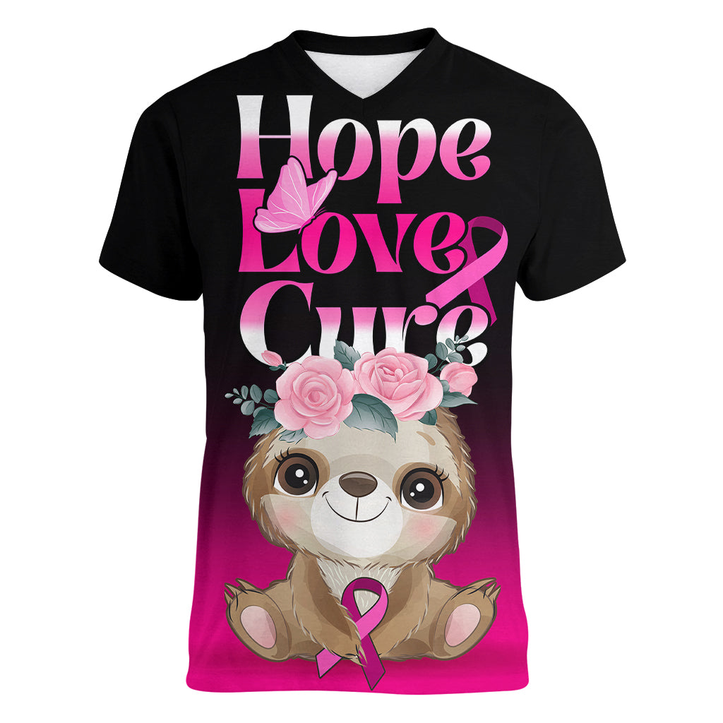 Personalised Hope Love Cure Women V Neck T Shirt Sloth Breast Cancer Awareness - Wonder Print Shop