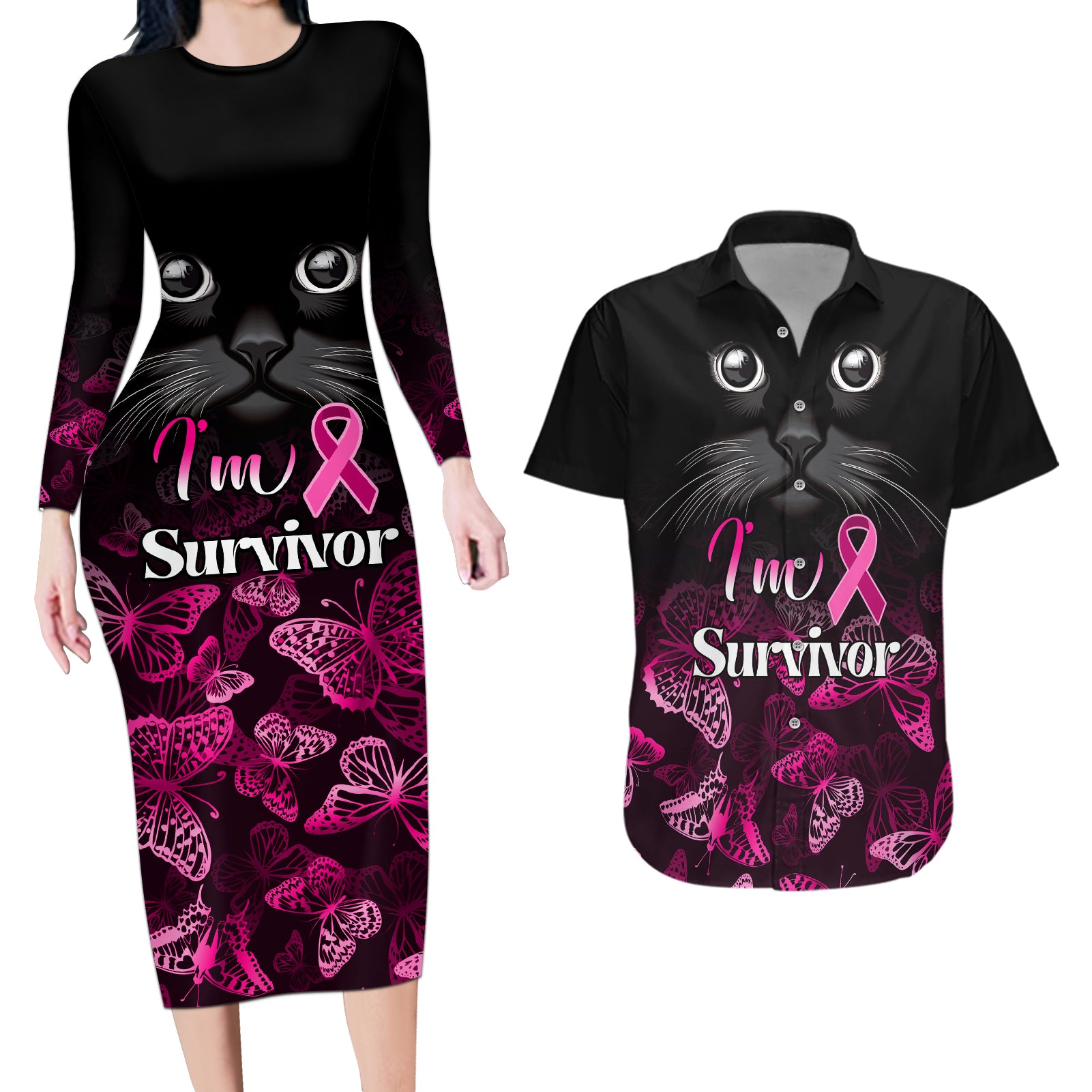 Personalised I Am A Survivor Couples Matching Long Sleeve Bodycon Dress and Hawaiian Shirt Black Cat Breast Cancer Awareness - Wonder Print Shop