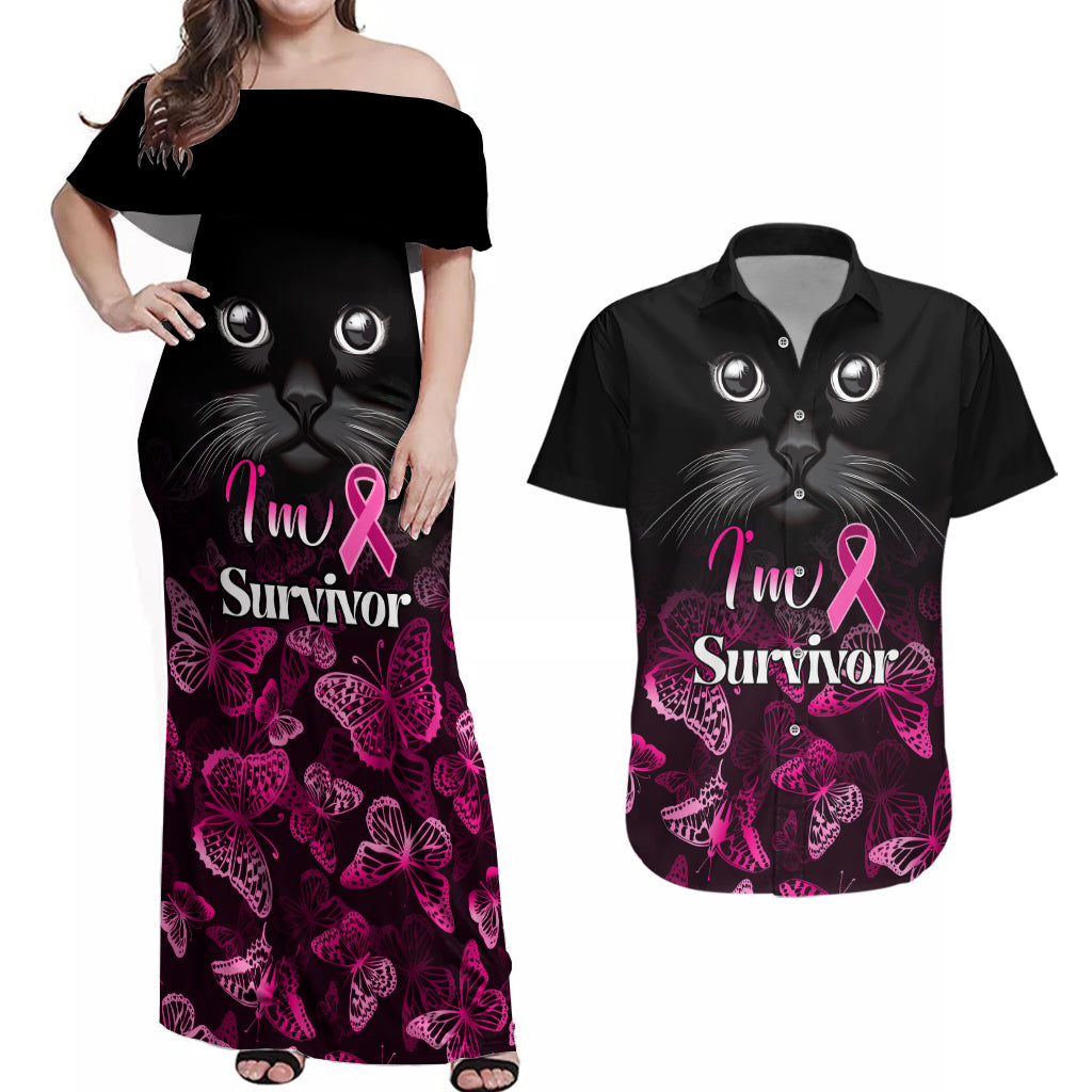 Personalised I Am A Survivor Couples Matching Off Shoulder Maxi Dress and Hawaiian Shirt Black Cat Breast Cancer Awareness - Wonder Print Shop