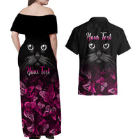 Personalised I Am A Survivor Couples Matching Off Shoulder Maxi Dress and Hawaiian Shirt Black Cat Breast Cancer Awareness - Wonder Print Shop