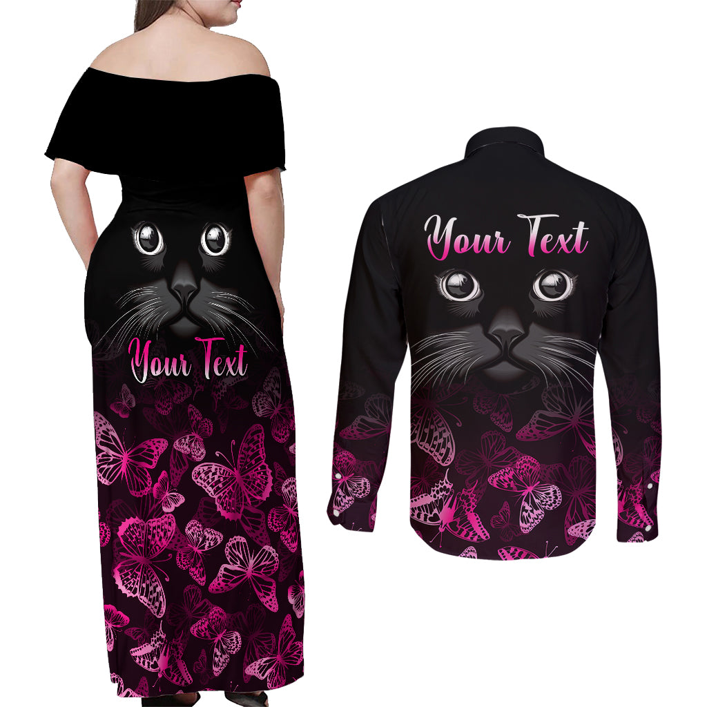 Personalised I Am A Survivor Couples Matching Off Shoulder Maxi Dress and Long Sleeve Button Shirts Black Cat Breast Cancer Awareness - Wonder Print Shop