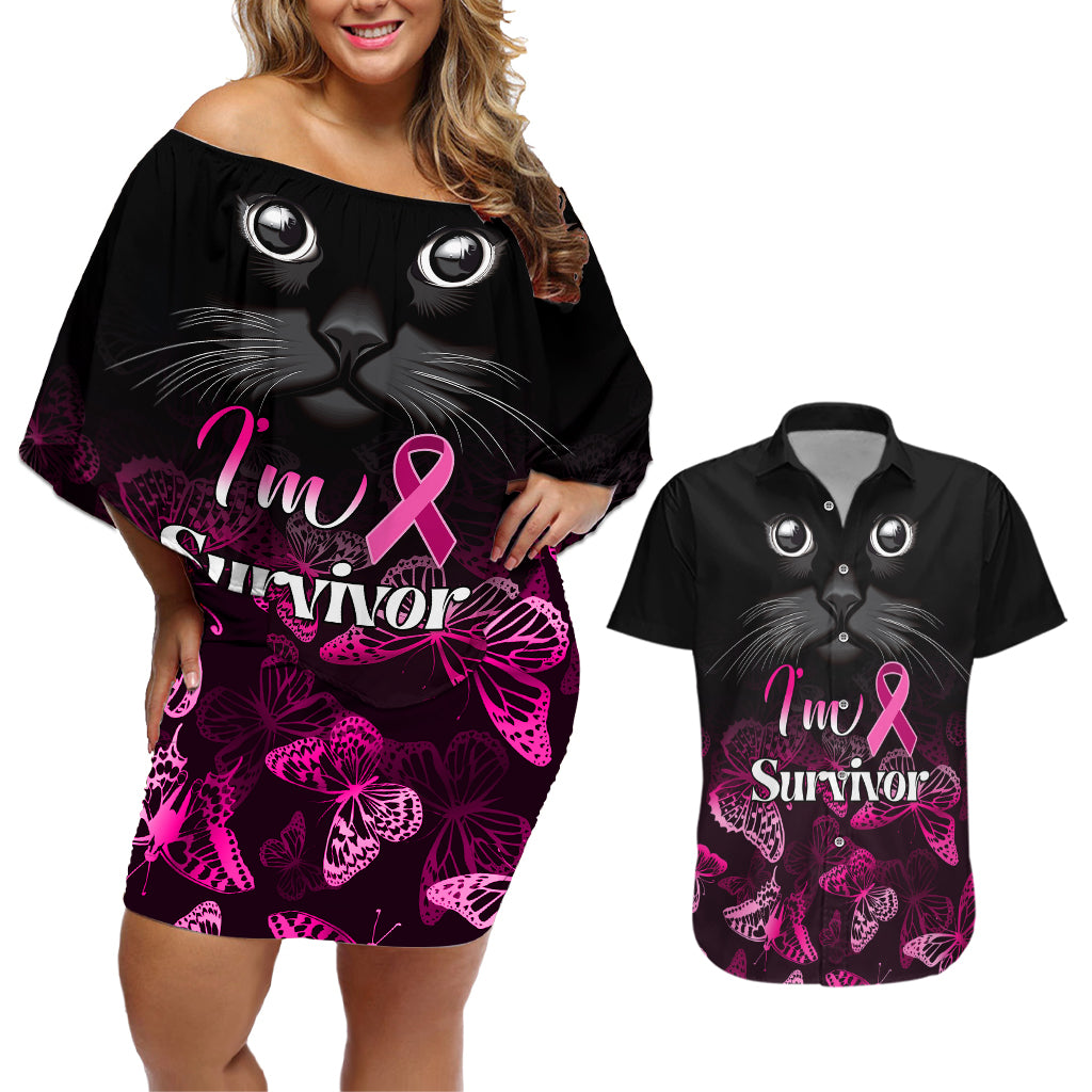 Personalised I Am A Survivor Couples Matching Off Shoulder Short Dress and Hawaiian Shirt Black Cat Breast Cancer Awareness - Wonder Print Shop