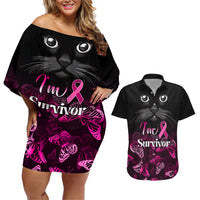 Personalised I Am A Survivor Couples Matching Off Shoulder Short Dress and Hawaiian Shirt Black Cat Breast Cancer Awareness - Wonder Print Shop