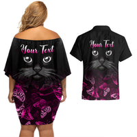 Personalised I Am A Survivor Couples Matching Off Shoulder Short Dress and Hawaiian Shirt Black Cat Breast Cancer Awareness - Wonder Print Shop