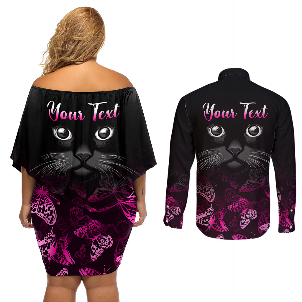 Personalised I Am A Survivor Couples Matching Off Shoulder Short Dress and Long Sleeve Button Shirts Black Cat Breast Cancer Awareness - Wonder Print Shop