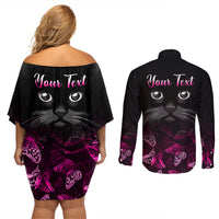 Personalised I Am A Survivor Couples Matching Off Shoulder Short Dress and Long Sleeve Button Shirts Black Cat Breast Cancer Awareness - Wonder Print Shop