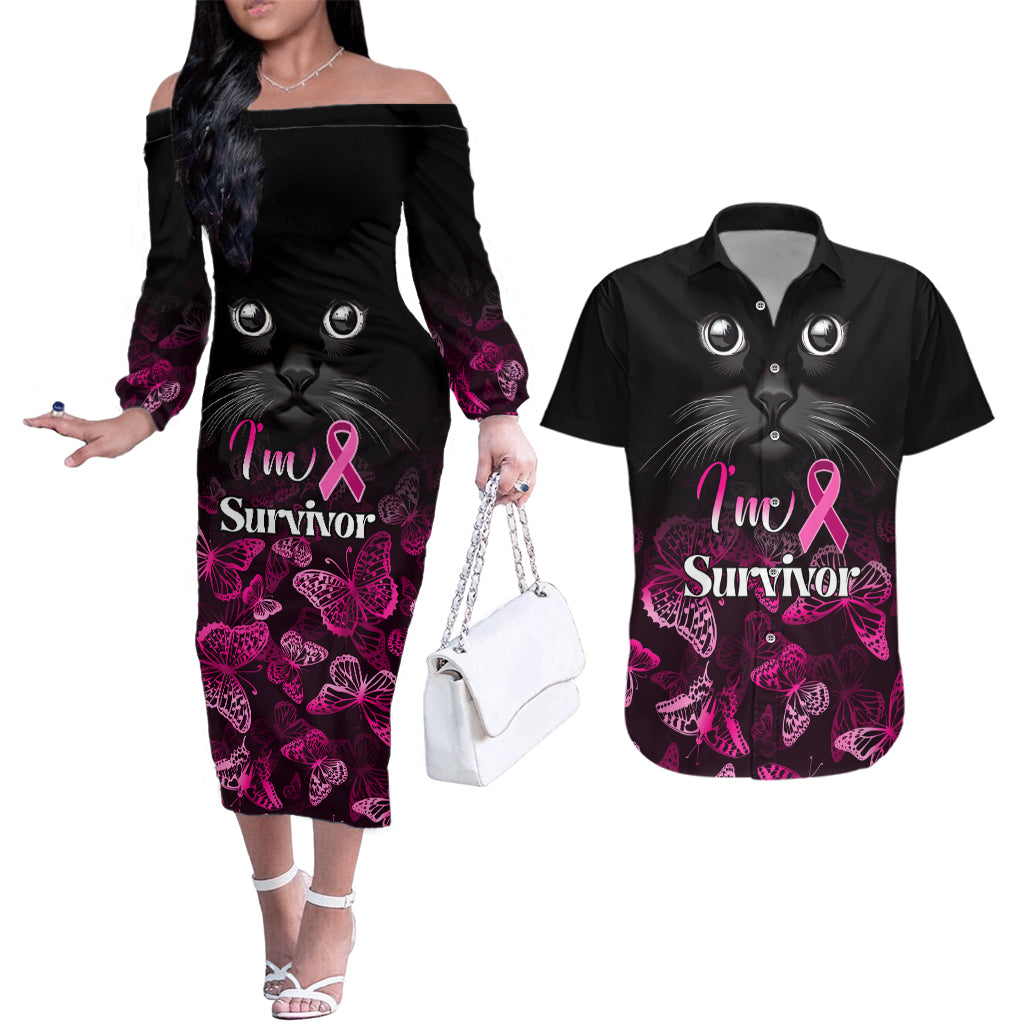 Personalised I Am A Survivor Couples Matching Off The Shoulder Long Sleeve Dress and Hawaiian Shirt Black Cat Breast Cancer Awareness - Wonder Print Shop