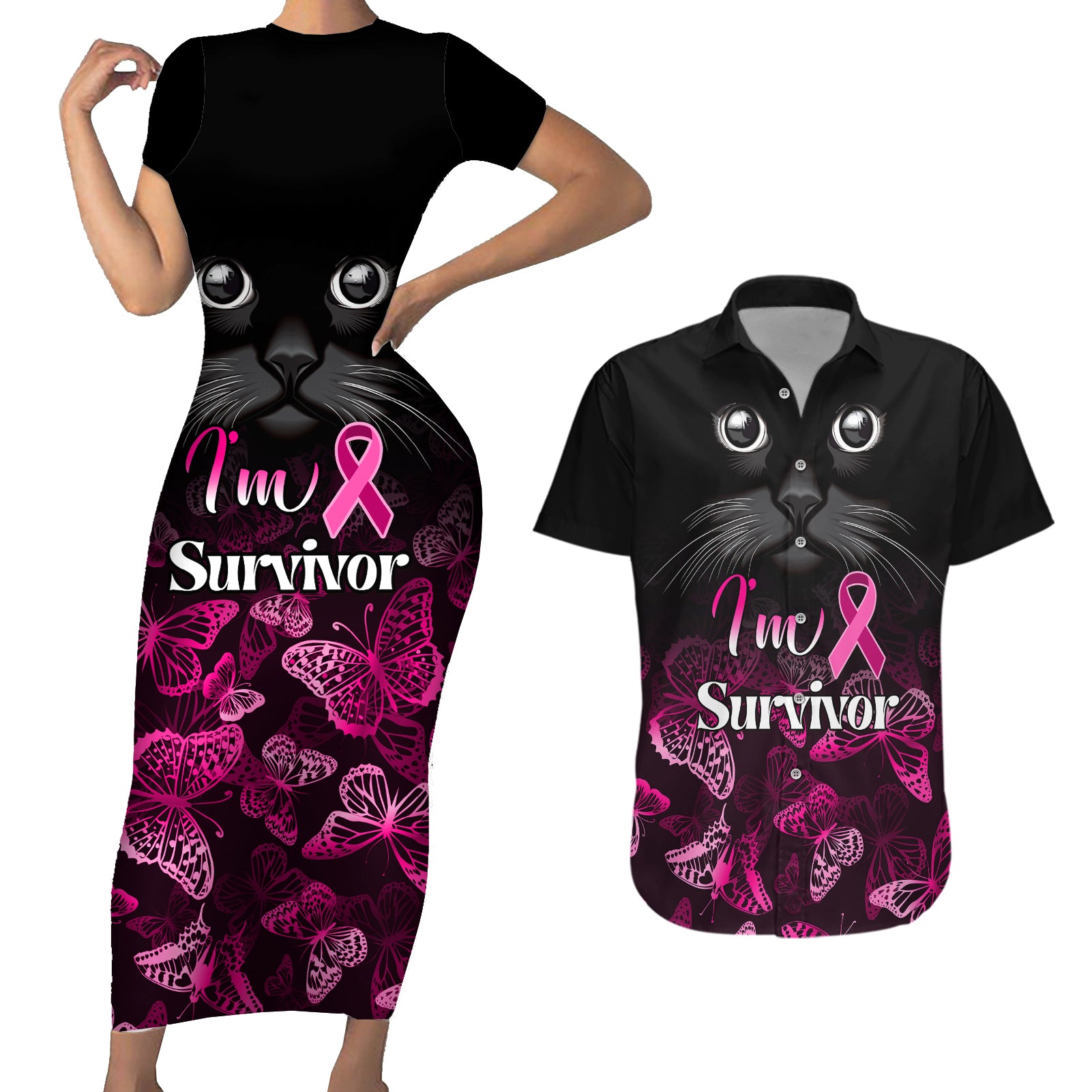 Personalised I Am A Survivor Couples Matching Short Sleeve Bodycon Dress and Hawaiian Shirt Black Cat Breast Cancer Awareness - Wonder Print Shop