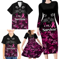 Personalised I Am A Survivor Family Matching Long Sleeve Bodycon Dress and Hawaiian Shirt Black Cat Breast Cancer Awareness - Wonder Print Shop