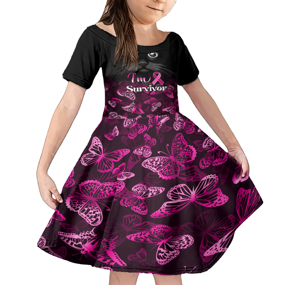 Personalised I Am A Survivor Family Matching Mermaid Dress and Hawaiian Shirt Black Cat Breast Cancer Awareness - Wonder Print Shop