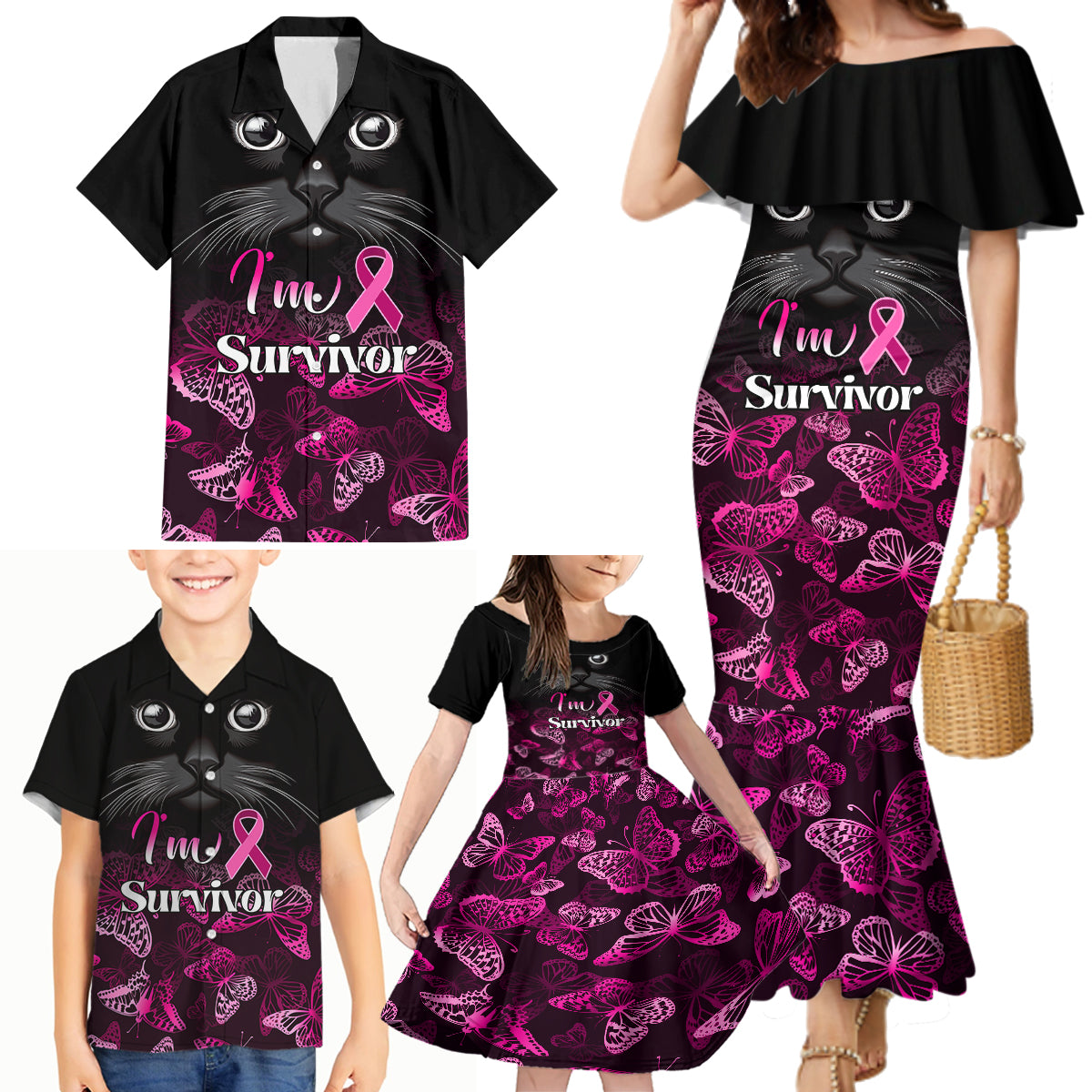 Personalised I Am A Survivor Family Matching Mermaid Dress and Hawaiian Shirt Black Cat Breast Cancer Awareness - Wonder Print Shop