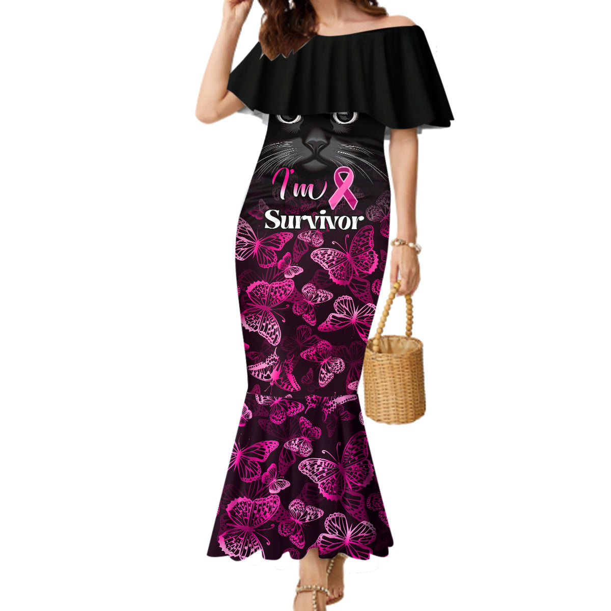 Personalised I Am A Survivor Family Matching Mermaid Dress and Hawaiian Shirt Black Cat Breast Cancer Awareness - Wonder Print Shop