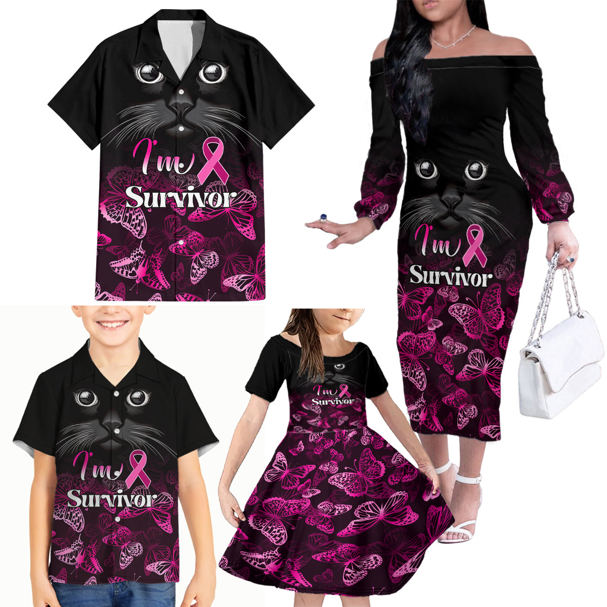 Personalised I Am A Survivor Family Matching Off Shoulder Long Sleeve Dress and Hawaiian Shirt Black Cat Breast Cancer Awareness - Wonder Print Shop