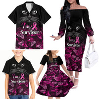 Personalised I Am A Survivor Family Matching Off Shoulder Long Sleeve Dress and Hawaiian Shirt Black Cat Breast Cancer Awareness - Wonder Print Shop