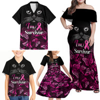 Personalised I Am A Survivor Family Matching Off Shoulder Maxi Dress and Hawaiian Shirt Black Cat Breast Cancer Awareness - Wonder Print Shop