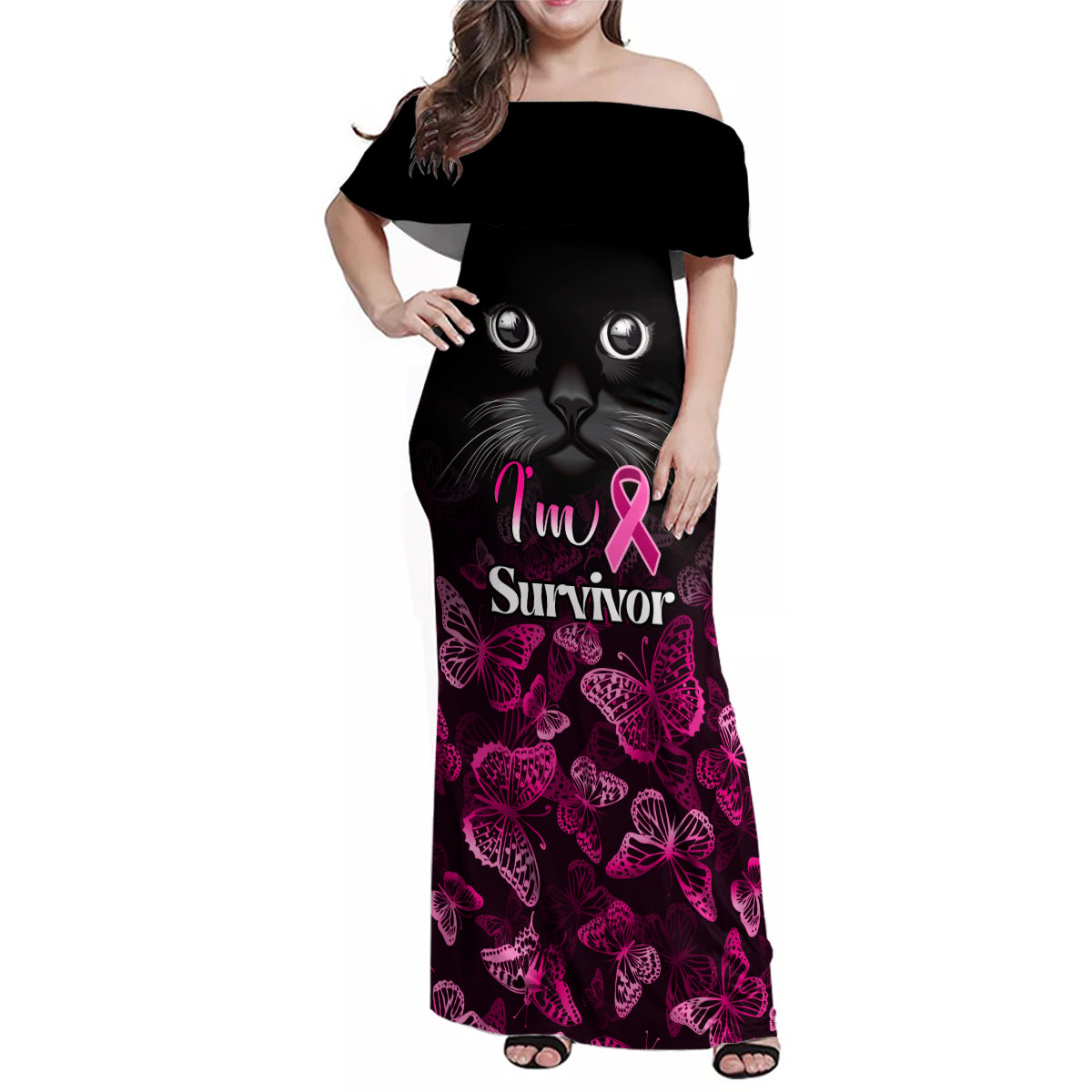 Personalised I Am A Survivor Family Matching Off Shoulder Maxi Dress and Hawaiian Shirt Black Cat Breast Cancer Awareness - Wonder Print Shop