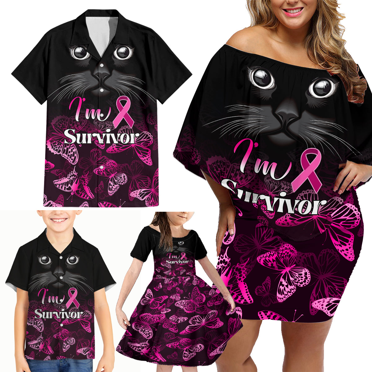Personalised I Am A Survivor Family Matching Off Shoulder Short Dress and Hawaiian Shirt Black Cat Breast Cancer Awareness - Wonder Print Shop