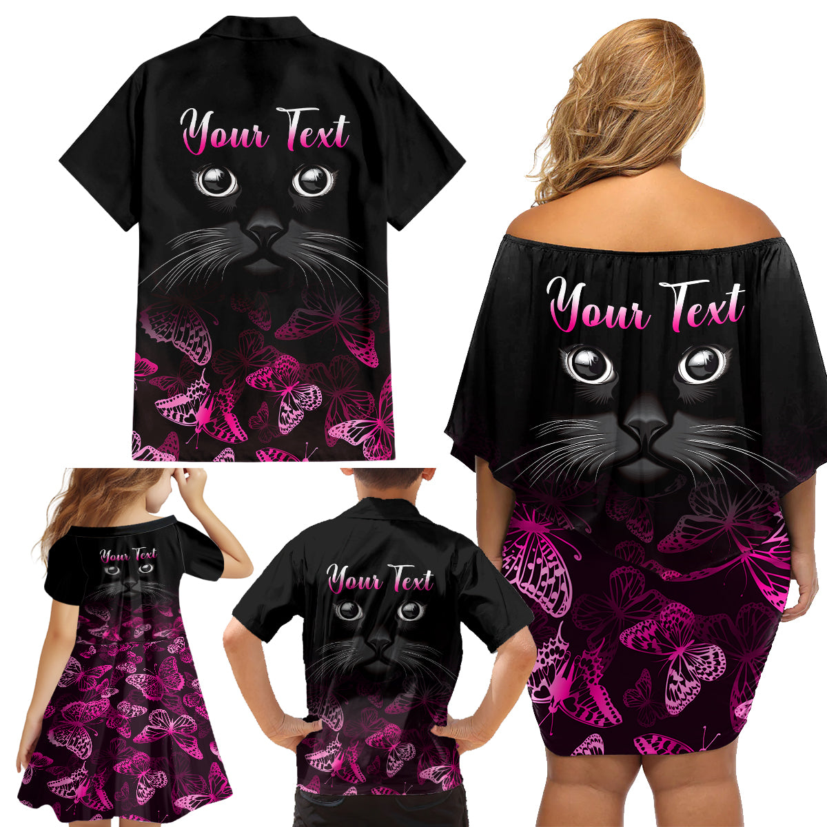 Personalised I Am A Survivor Family Matching Off Shoulder Short Dress and Hawaiian Shirt Black Cat Breast Cancer Awareness - Wonder Print Shop