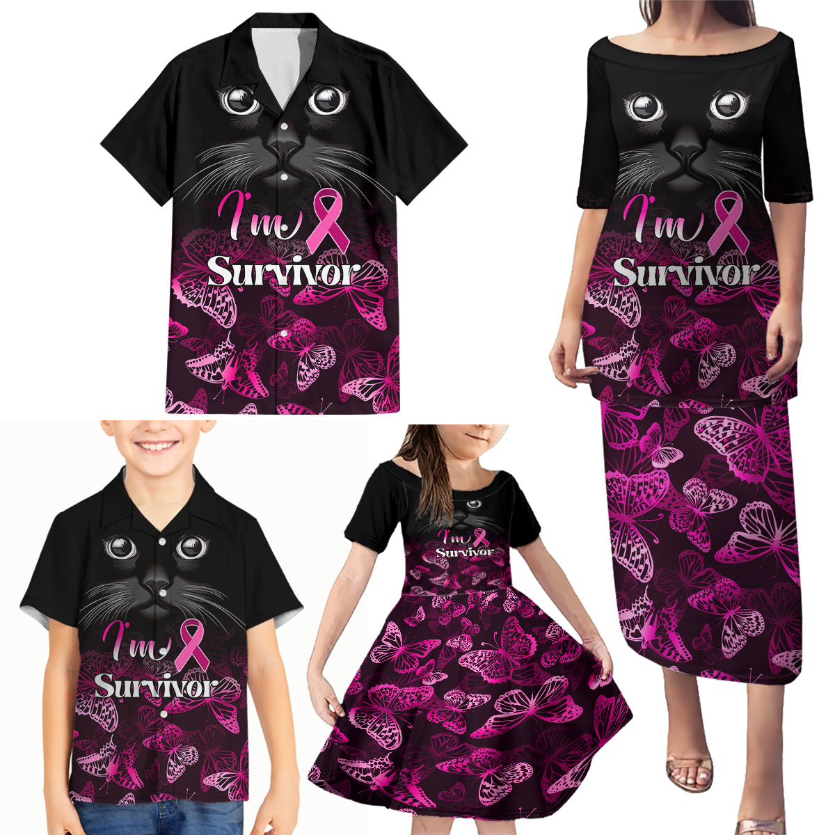 Personalised I Am A Survivor Family Matching Puletasi Dress and Hawaiian Shirt Black Cat Breast Cancer Awareness - Wonder Print Shop