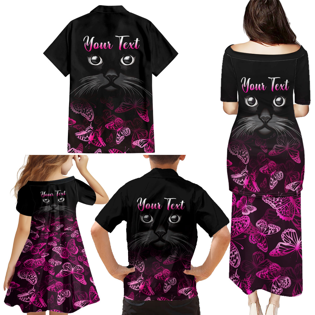 Personalised I Am A Survivor Family Matching Puletasi Dress and Hawaiian Shirt Black Cat Breast Cancer Awareness - Wonder Print Shop