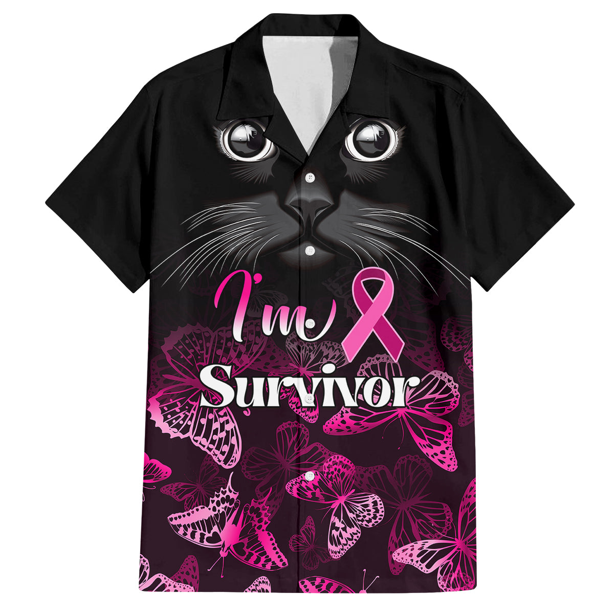 Personalised I Am A Survivor Family Matching Puletasi Dress and Hawaiian Shirt Black Cat Breast Cancer Awareness - Wonder Print Shop