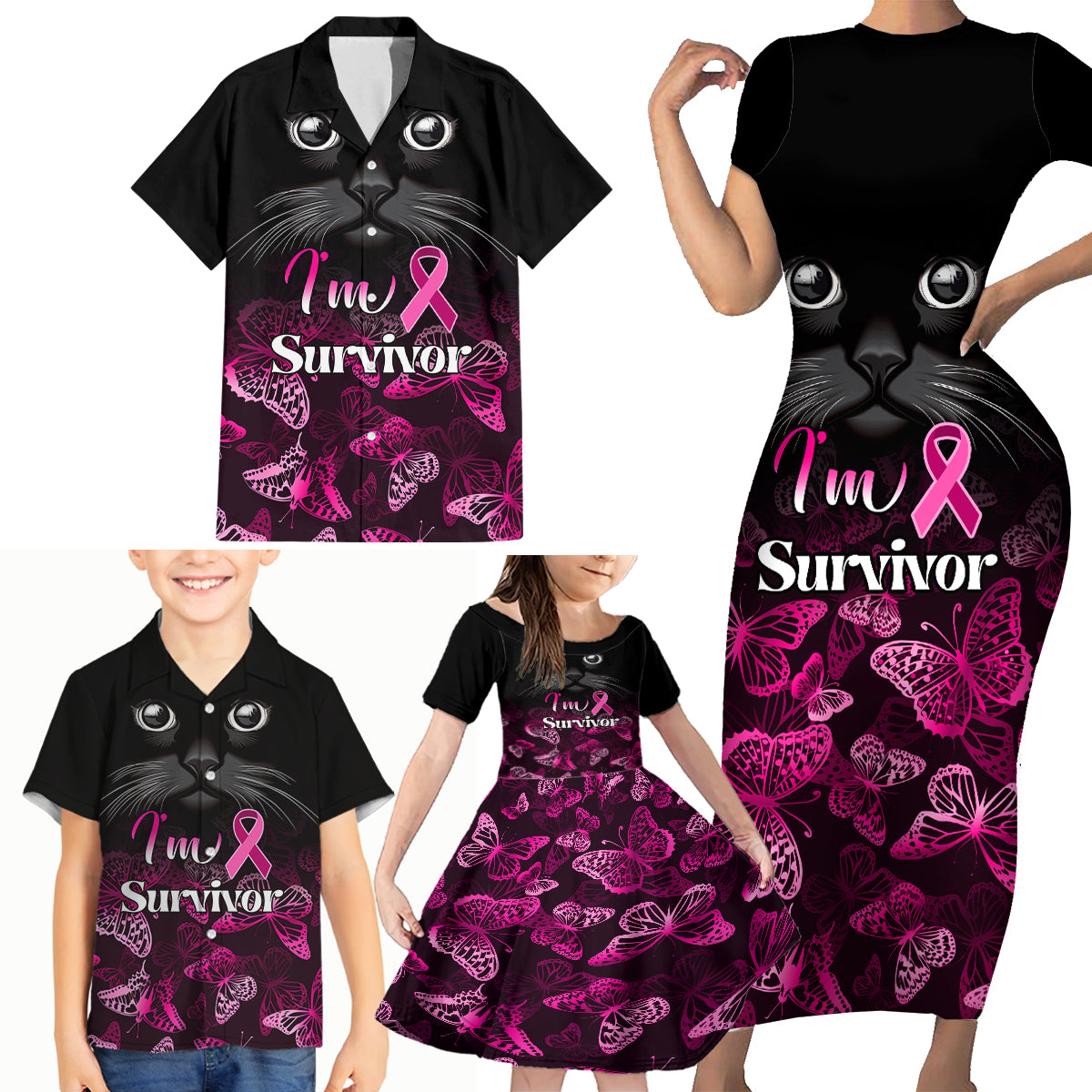 Personalised I Am A Survivor Family Matching Short Sleeve Bodycon Dress and Hawaiian Shirt Black Cat Breast Cancer Awareness - Wonder Print Shop