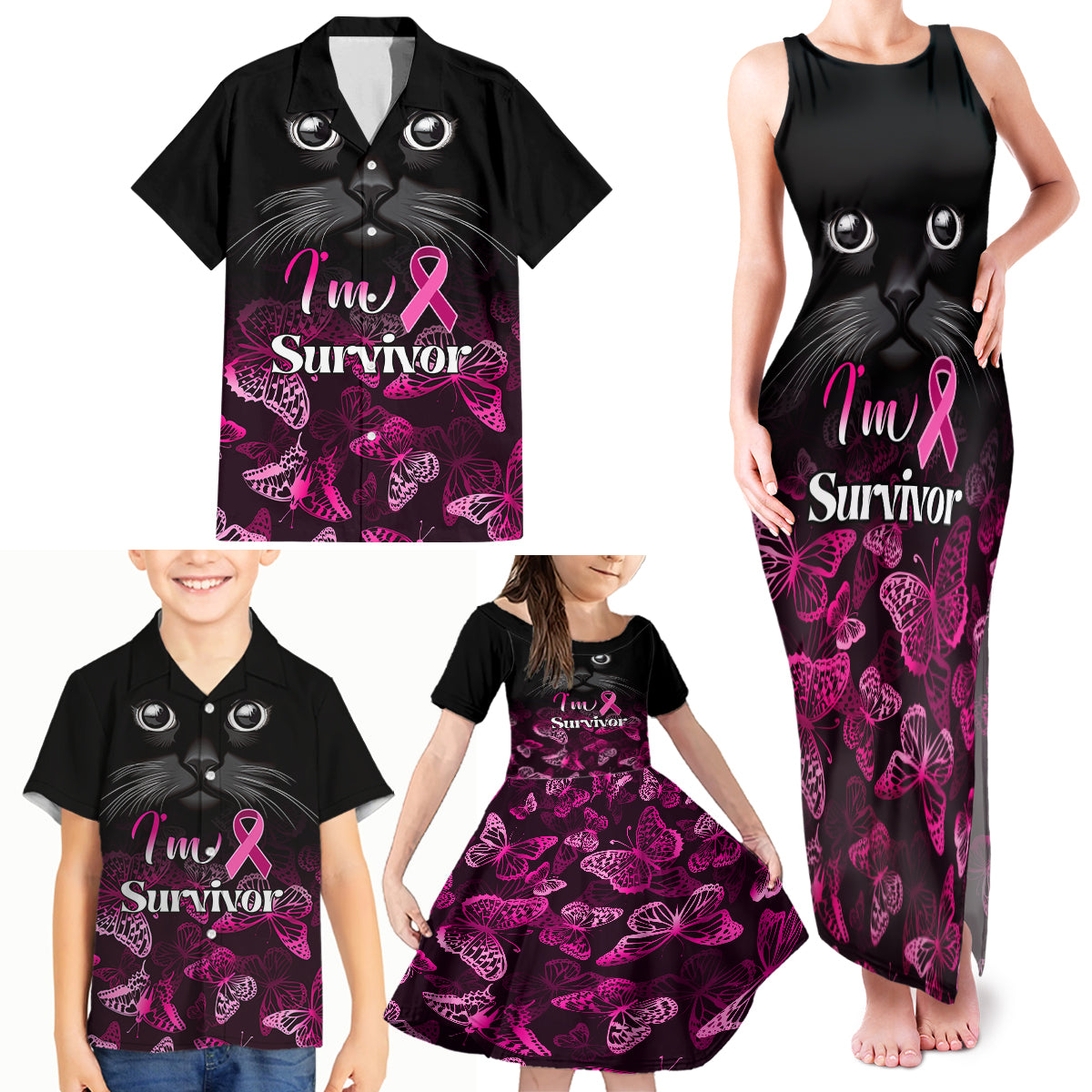 Personalised I Am A Survivor Family Matching Tank Maxi Dress and Hawaiian Shirt Black Cat Breast Cancer Awareness - Wonder Print Shop