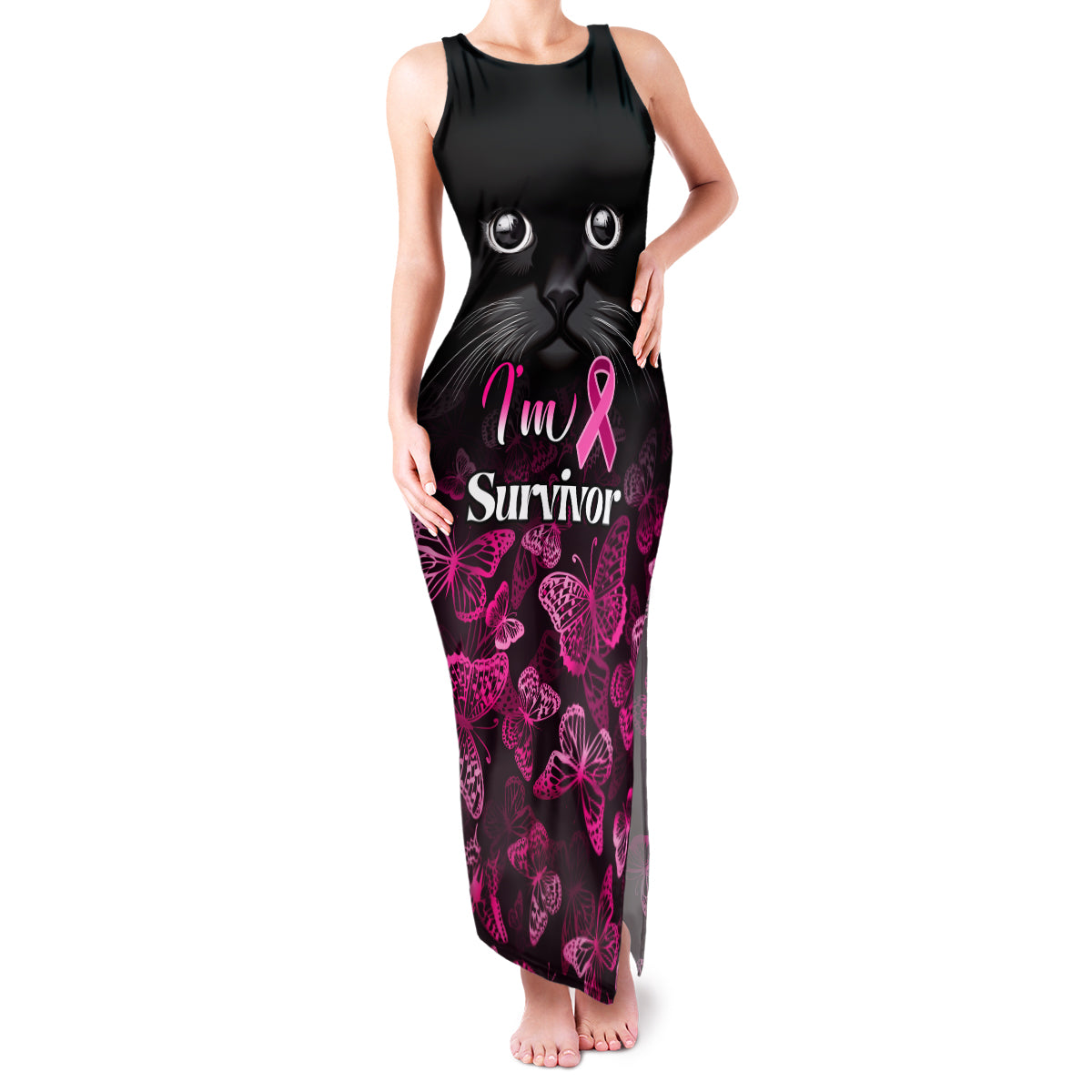Personalised I Am A Survivor Family Matching Tank Maxi Dress and Hawaiian Shirt Black Cat Breast Cancer Awareness - Wonder Print Shop