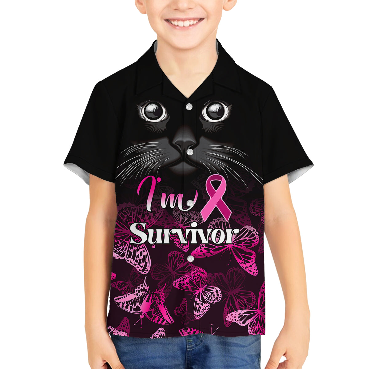 Personalised I Am A Survivor Kid Hawaiian Shirt Black Cat Breast Cancer Awareness - Wonder Print Shop